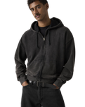 Hayes Boxy Full Zip Hoodie in Grunge Wash Jet Black