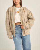 The Rhythm Womens Luca Oversized Check Bomber Jacket in Blue
