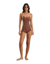 Lily Rib Cross Back Surf Short One Piece Swimsuit in Chocolate