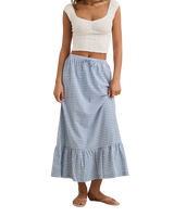 The Rhythm Womens Lola Check Tiered Maxi Skirt in Blue