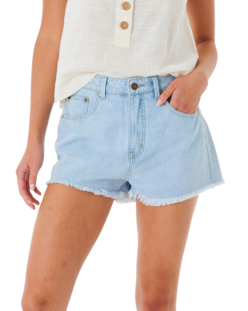 The Rip Curl Womens Amy High Waist Denim Shorts in Light Blue