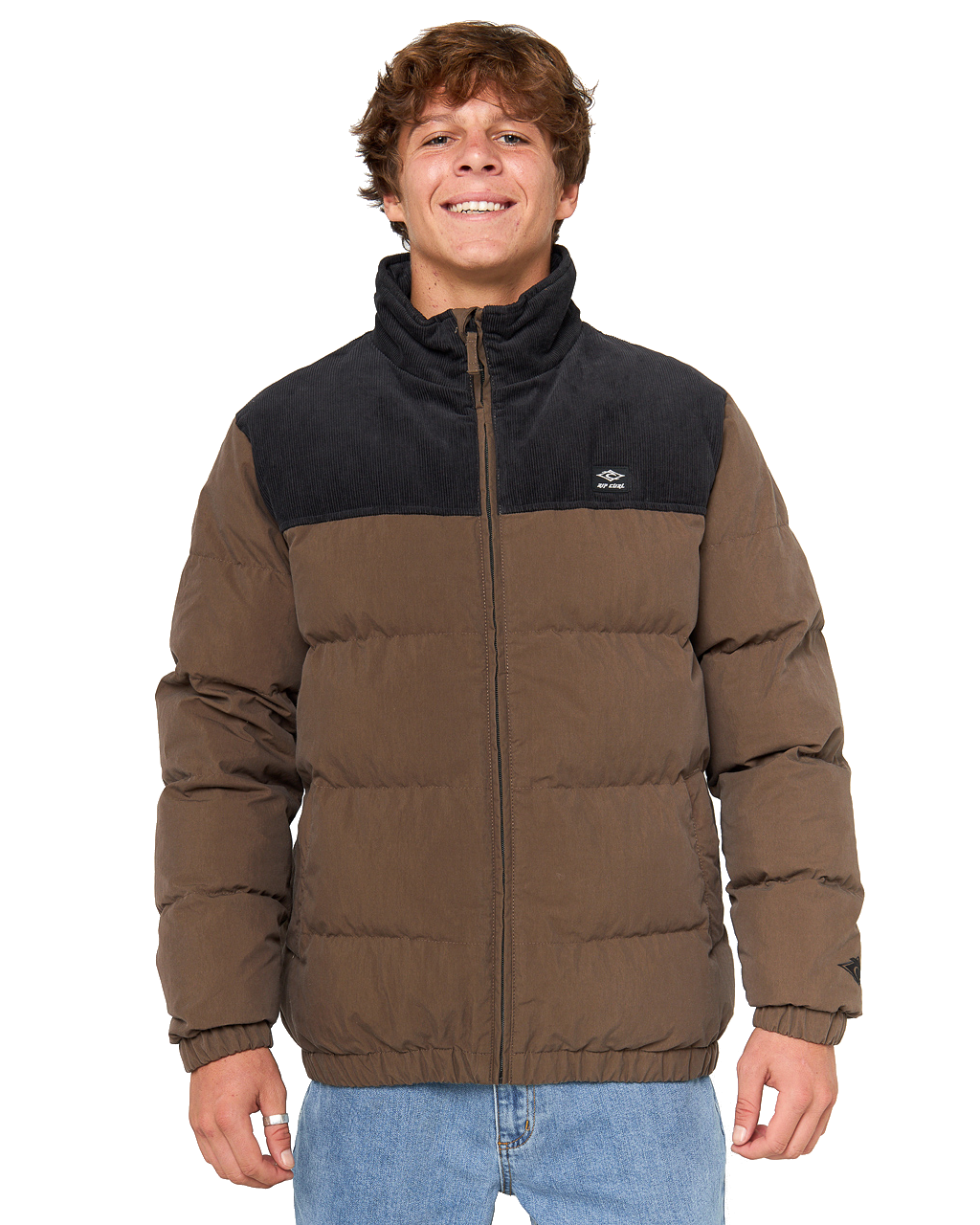 The Rip Curl Mens Fade Out Cord Puffer Jacket in Chocolate