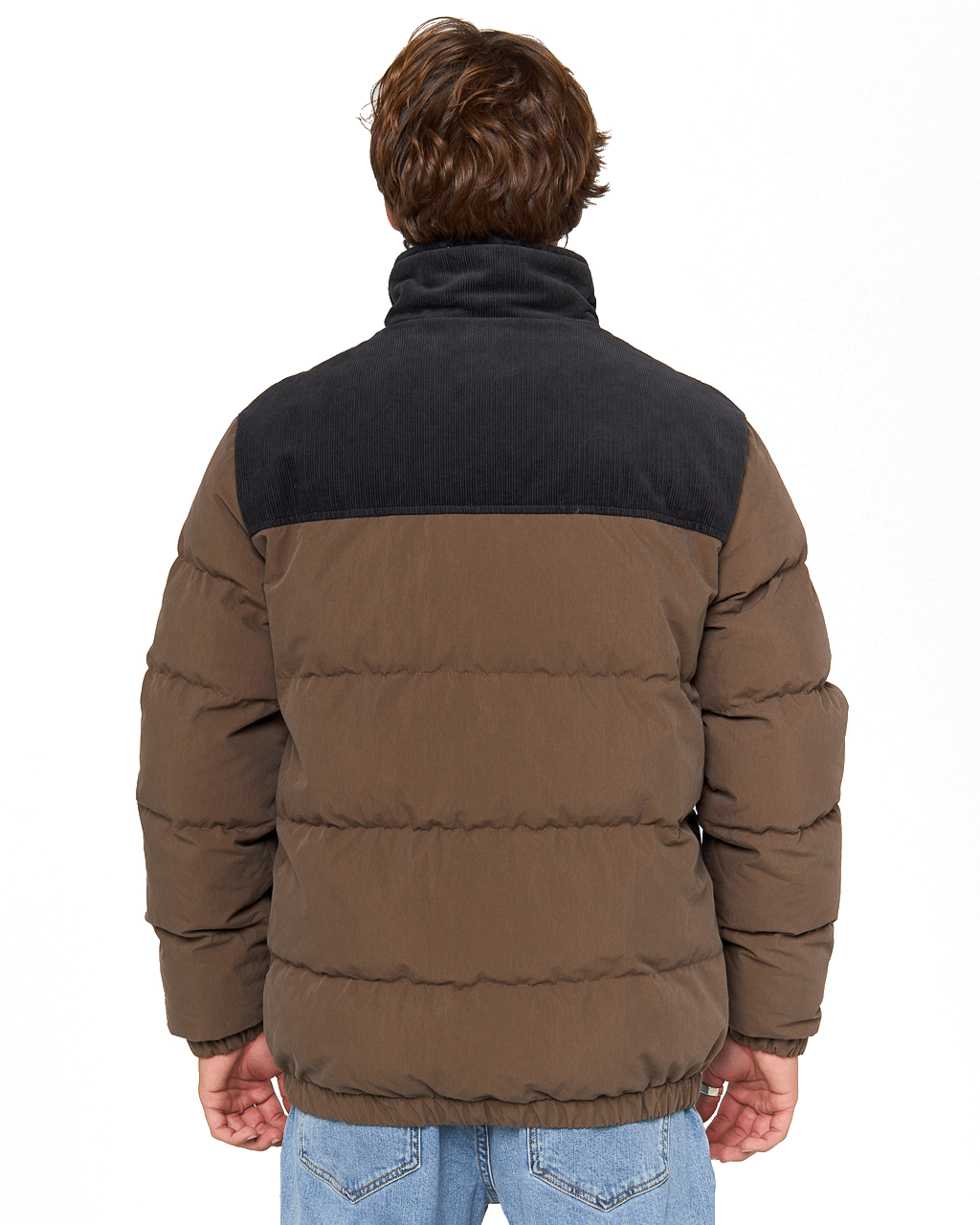 The Rip Curl Mens Fade Out Cord Puffer Jacket in Chocolate
