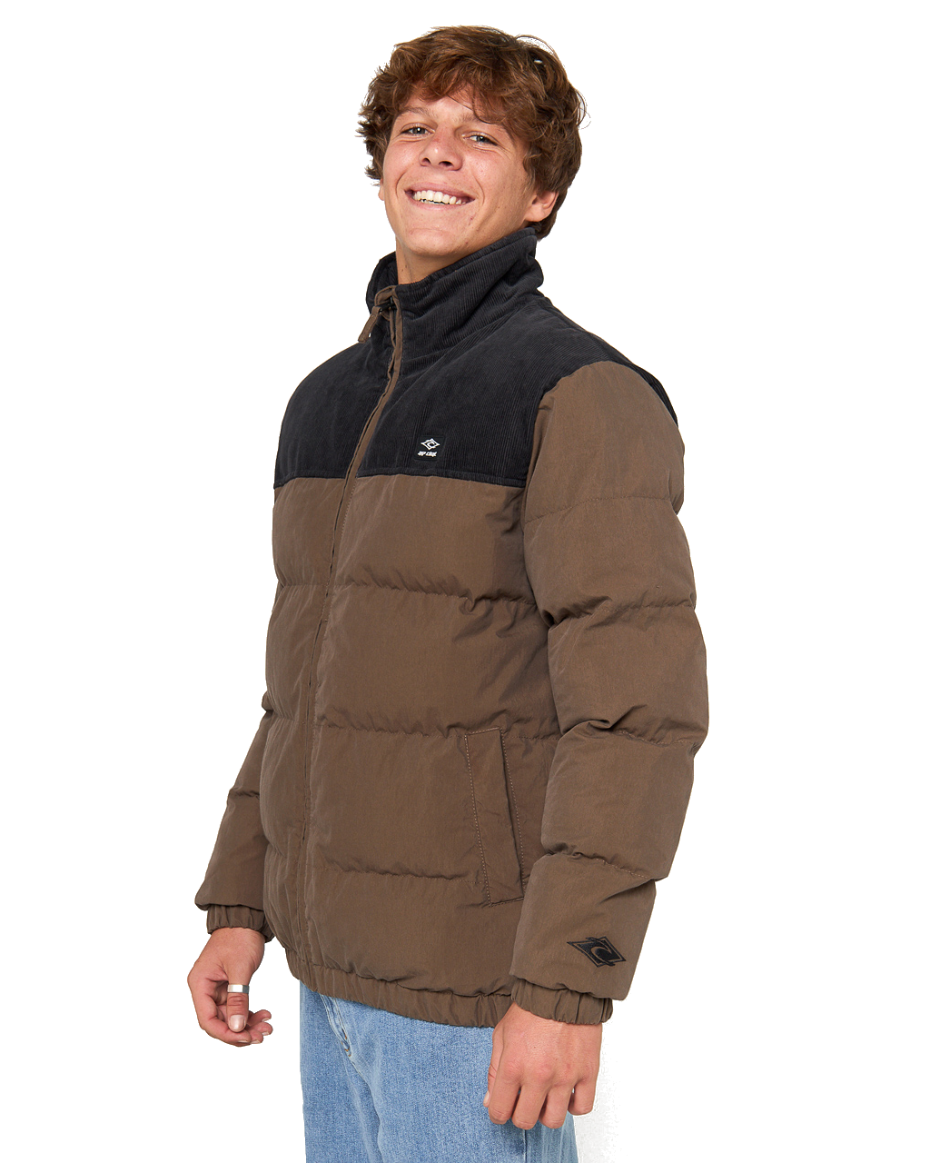 The Rip Curl Mens Fade Out Cord Puffer Jacket in Chocolate