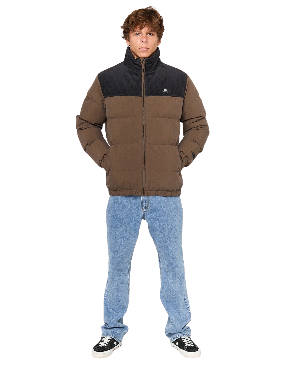 The Rip Curl Mens Fade Out Cord Puffer Jacket in Chocolate