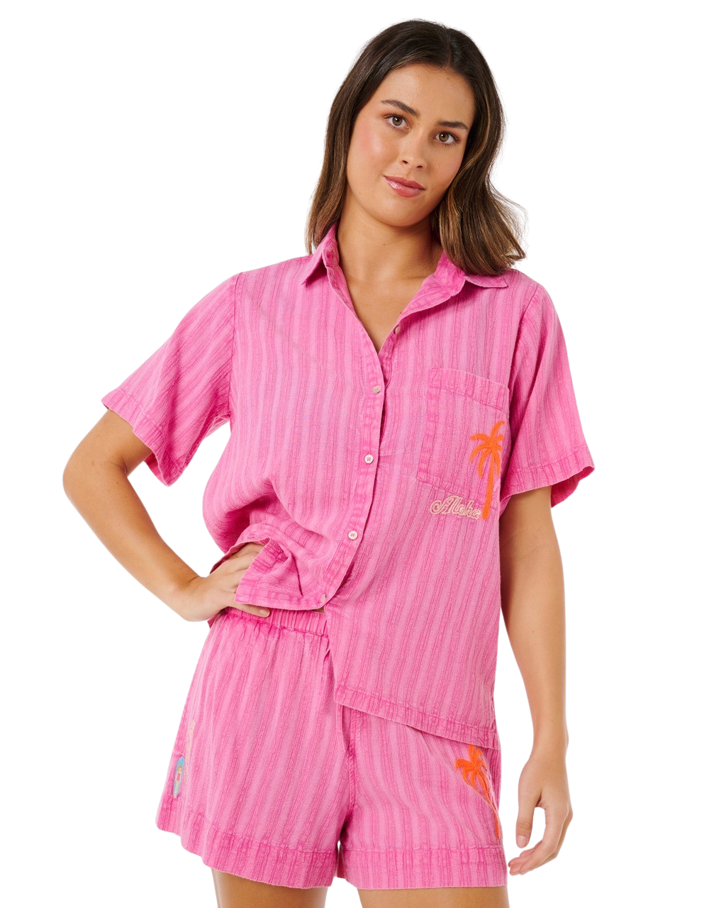 Hotel Malibu Embroidered Shirt in Super Pink