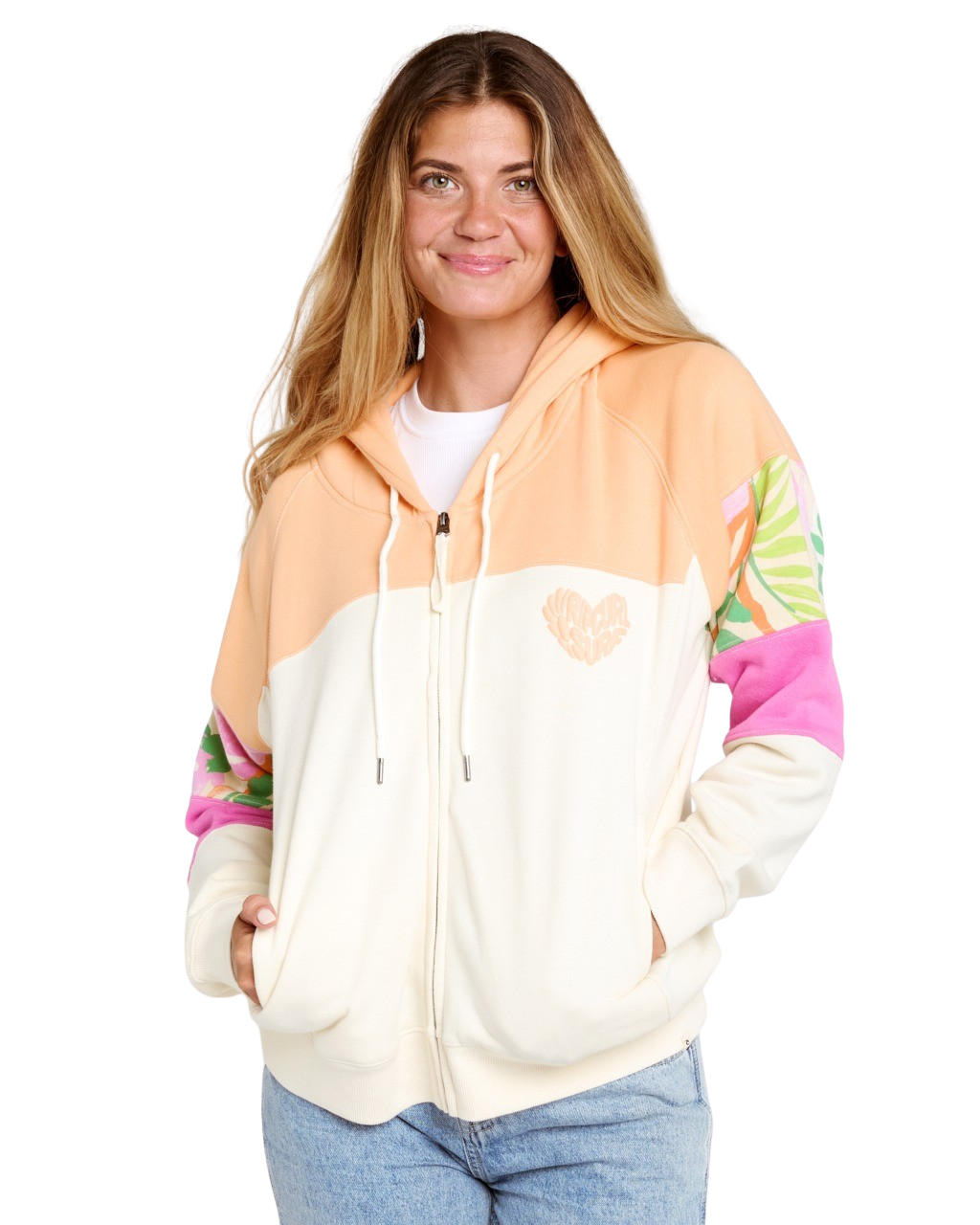 Colour Block Zip Hoodie in Off White