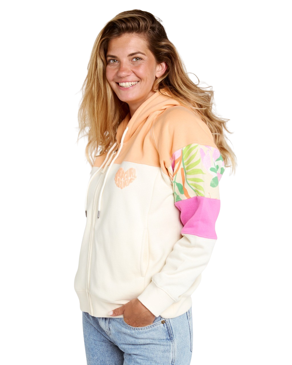 Colour Block Zip Hoodie in Off White