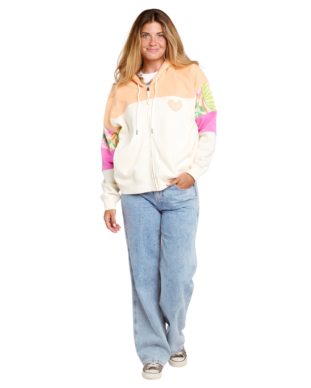 Colour Block Zip Hoodie in Off White