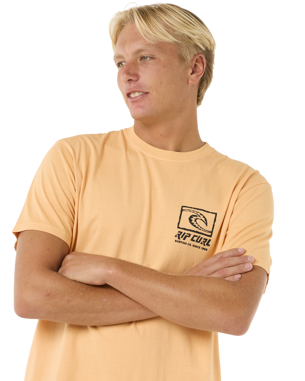 The Rip Curl Mens Raw Energy Trad T-Shirt in Mandarin Zest