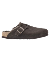 The Birkenstock Womens Boston Shearling Suede Leather Sandals in Mocca