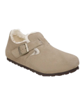 The Birkenstock Womens London Shearling Suede Leather Shoes in Taupe