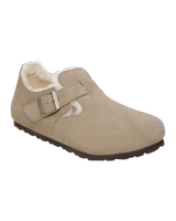 The Birkenstock Womens London Shearling Suede Leather Shoes in Taupe