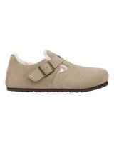 The Birkenstock Womens London Shearling Suede Leather Shoes in Taupe