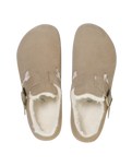 The Birkenstock Womens London Shearling Suede Leather Shoes in Taupe