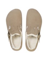 The Birkenstock Womens London Shearling Suede Leather Shoes in Taupe