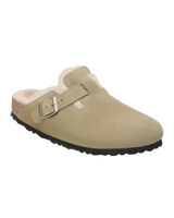 The Birkenstock Womens Boston Shearling Suede Leather Sandals in Taupe