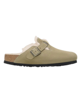 The Birkenstock Womens Boston Shearling Suede Leather Sandals in Taupe