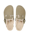 The Birkenstock Womens Boston Shearling Suede Leather Sandals in Taupe
