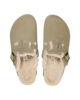The Birkenstock Womens Boston Shearling Suede Leather Sandals in Taupe