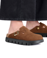 The Birkenstock Womens Papillio Boston Chunky Suede Leather Sandals in Dark Tea & Black