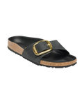 The Birkenstock Womens Madrid Big Buckle Oiled Leather Sandals in Black Gold