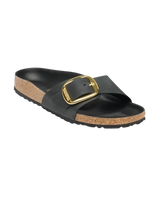 The Birkenstock Womens Madrid Big Buckle Oiled Leather Sandals in Black Gold