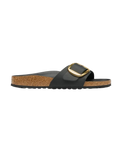 The Birkenstock Womens Madrid Big Buckle Oiled Leather Sandals in Black Gold