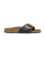 The Birkenstock Womens Madrid Big Buckle Oiled Leather Sandals in Black Gold
