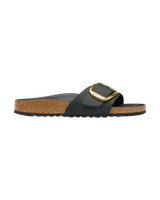 The Birkenstock Womens Madrid Big Buckle Oiled Leather Sandals in Black Gold
