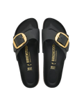 The Birkenstock Womens Madrid Big Buckle Oiled Leather Sandals in Black Gold