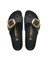The Birkenstock Womens Madrid Big Buckle Oiled Leather Sandals in Black Gold