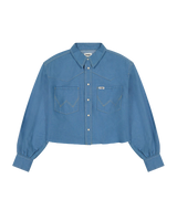 The Wrangler Womens Cut Off Shirt in Cotton Candy Blue