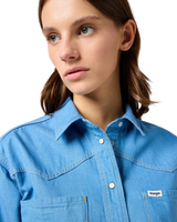 The Wrangler Womens Cut Off Shirt in Cotton Candy Blue