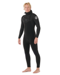 The Rip Curl Mens Dawn Patrol 5/4mm Hooded Chest Zip Wetsuit in Black