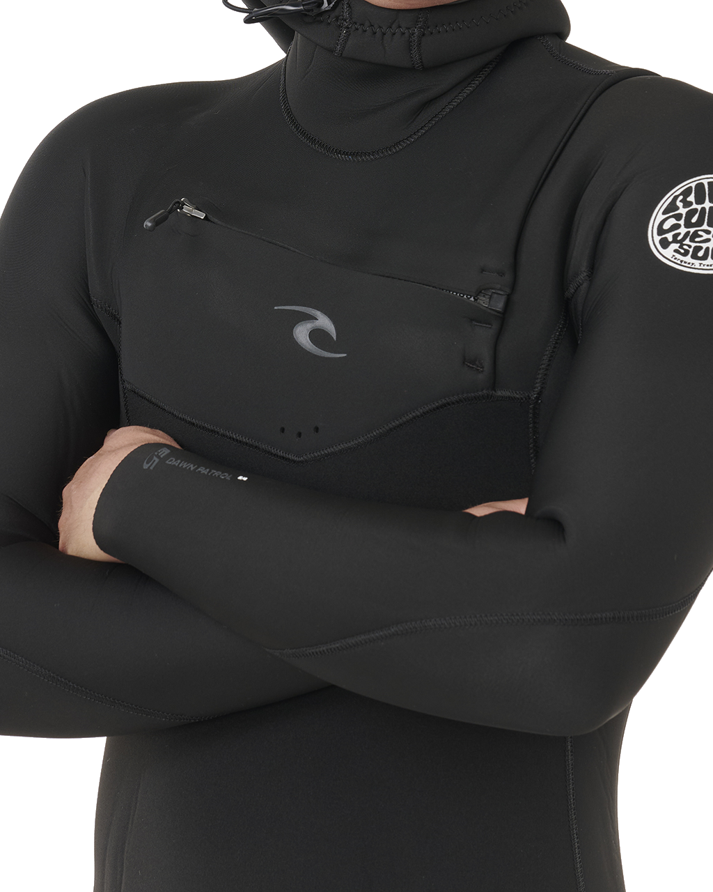 The Rip Curl Mens Dawn Patrol 5/4mm Hooded Chest Zip Wetsuit in Black