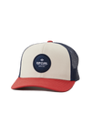 The Rip Curl Mens Routine Curve Trucker Cap in White, Navy & Red