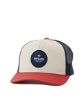 The Rip Curl Mens Routine Curve Trucker Cap in White, Navy & Red