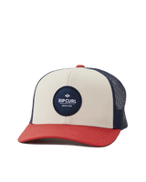 The Rip Curl Mens Routine Curve Trucker Cap in White, Navy & Red