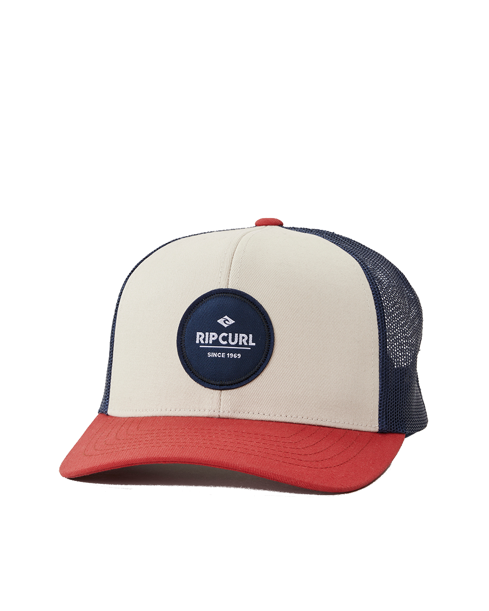 The Rip Curl Mens Routine Curve Trucker Cap in White, Navy & Red