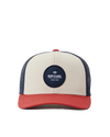 The Rip Curl Mens Routine Curve Trucker Cap in White, Navy & Red