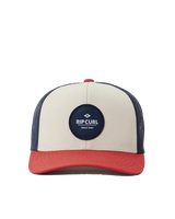 The Rip Curl Mens Routine Curve Trucker Cap in White, Navy & Red