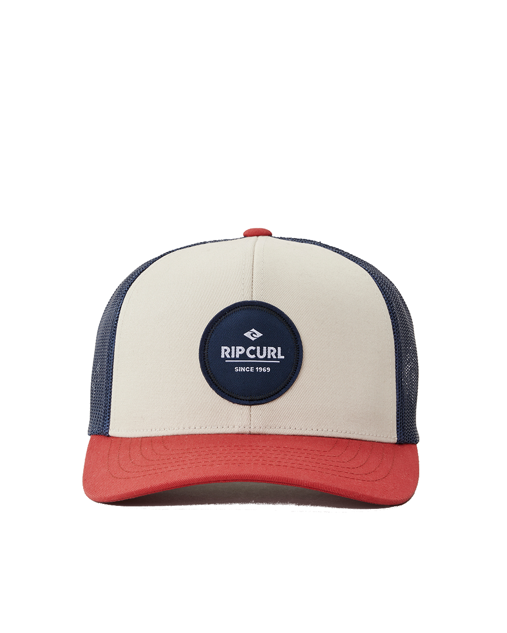 The Rip Curl Mens Routine Curve Trucker Cap in White, Navy & Red