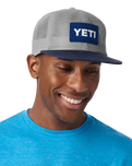 The Yeti Mens Velcro Badge Flat Brim Mesh Cap in Grey & Navy