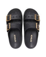 The Crocs Womens Metallic Buckle Saturday Sandals in Black