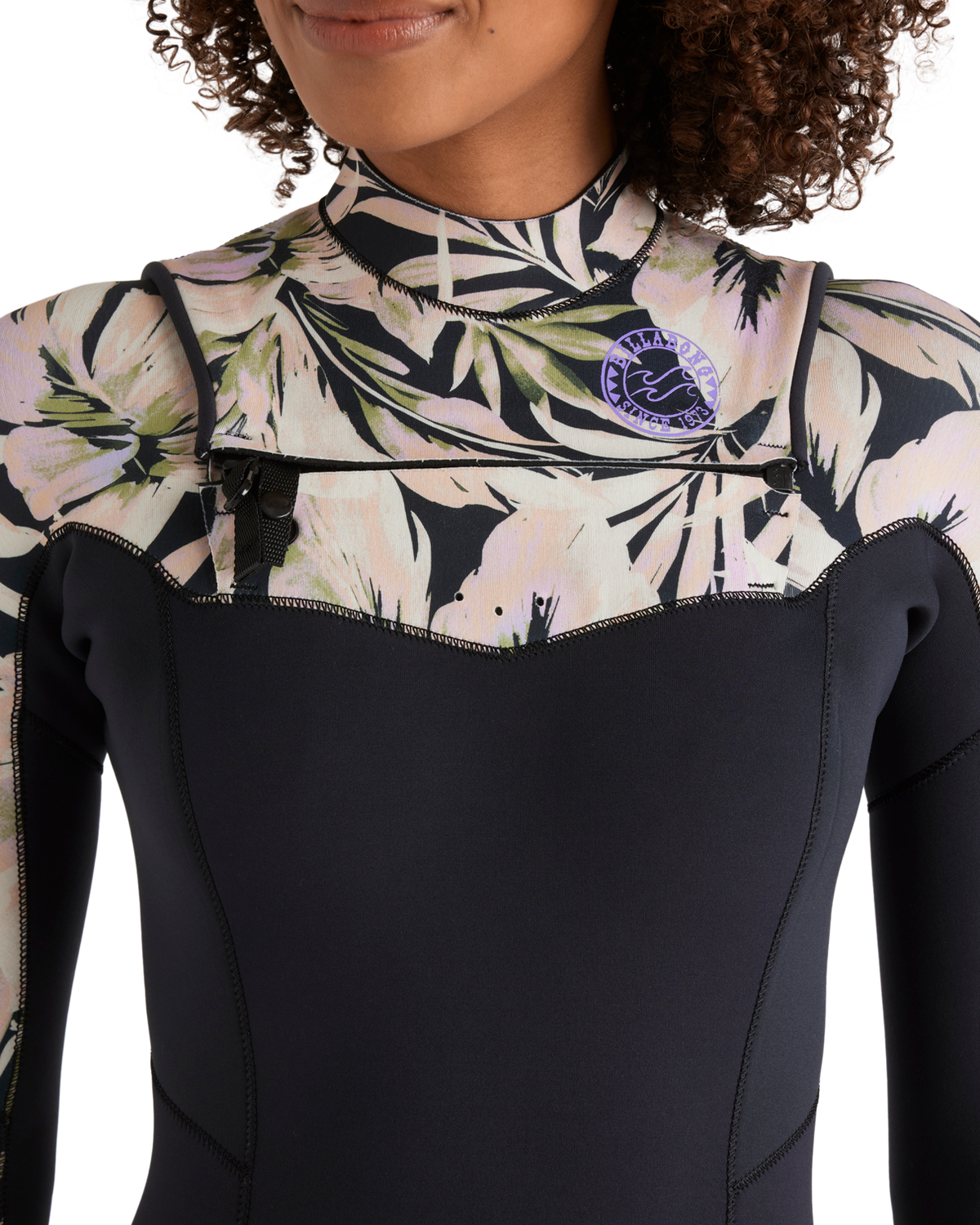 The Billabong Womens Salty Dayz Natural 4/3mm Chest Zip Wetsuit in Black Floral