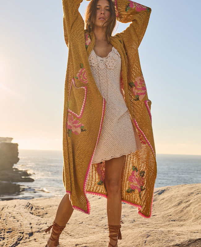 The Spell Womens Coastal Granny Maxi Cardigan in Mustard