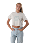 The Born by the Sea Womens Mandala Heart Crop T-Shirt in Faded Bone