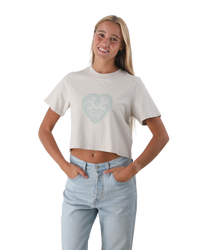 The Born by the Sea Womens Mandala Heart Crop T-Shirt in Faded Bone