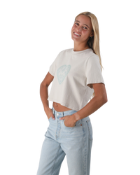 The Born by the Sea Womens Mandala Heart Crop T-Shirt in Faded Bone
